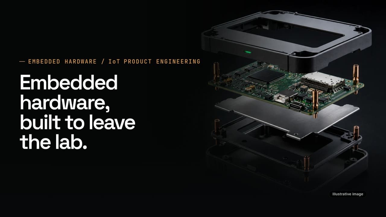 Video poster: the headline “Embedded hardware, built to leave the lab.” beside an exploded render of an embedded device: enclosure, circuit board, shield and base (illustrative image).