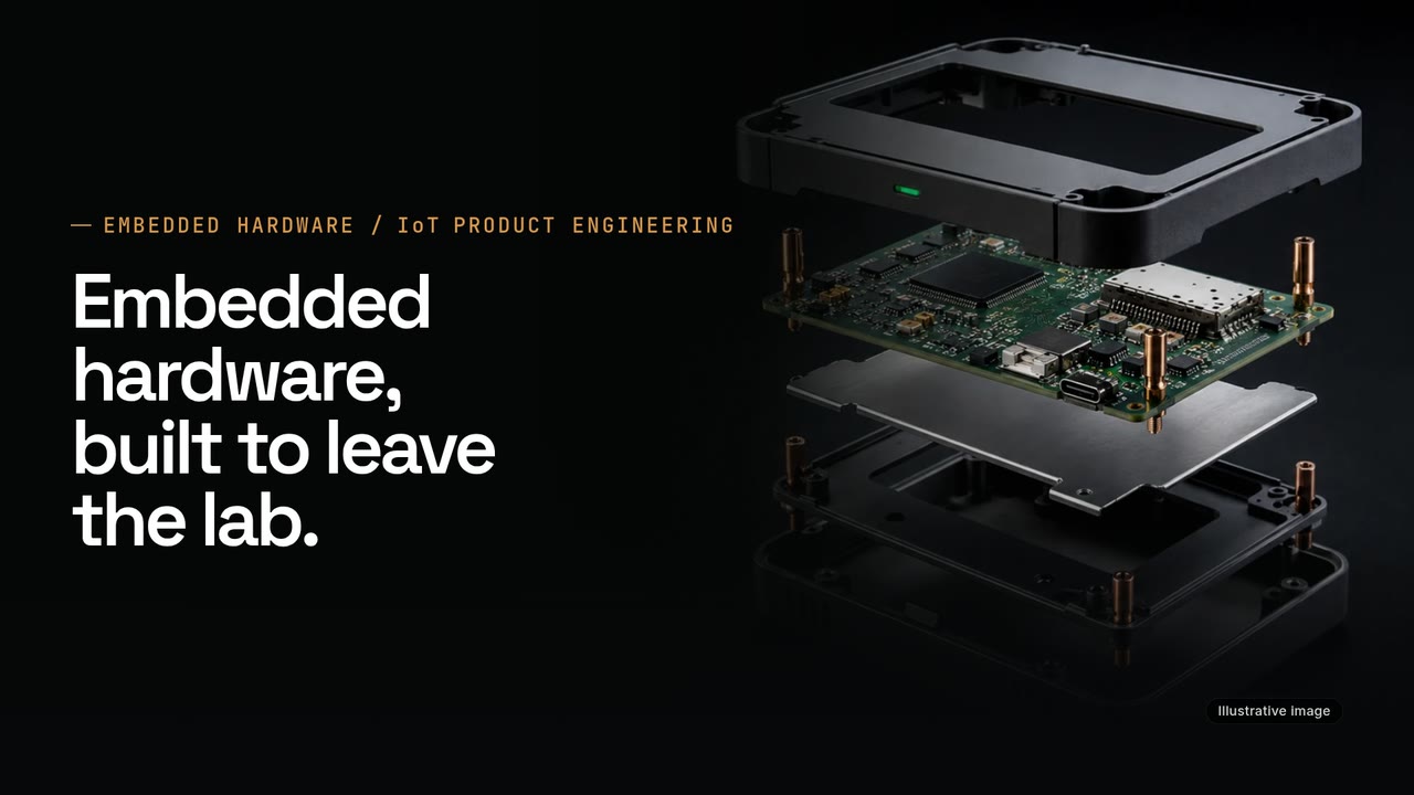 Video poster: the headline “Embedded hardware, built to leave the lab.” beside an exploded render of an embedded device: enclosure, circuit board, shield and base (illustrative image).